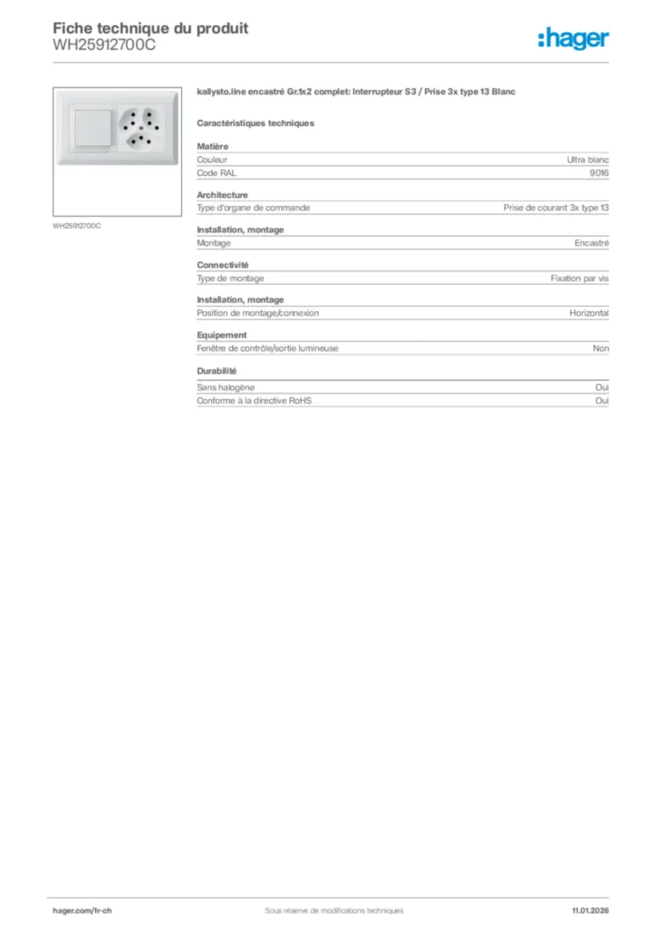 Image Hager Fiche technique du produit WH25912700C | Hager Suisse