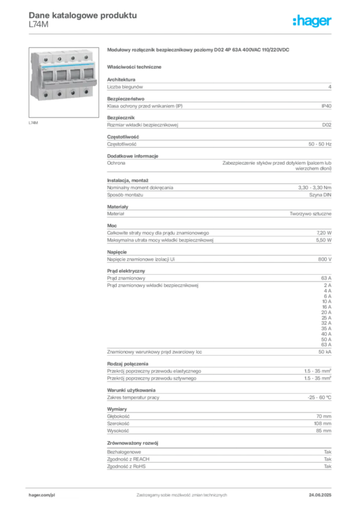 Zdjęcie Hager Karta katalogowa L74M | Hager Polska