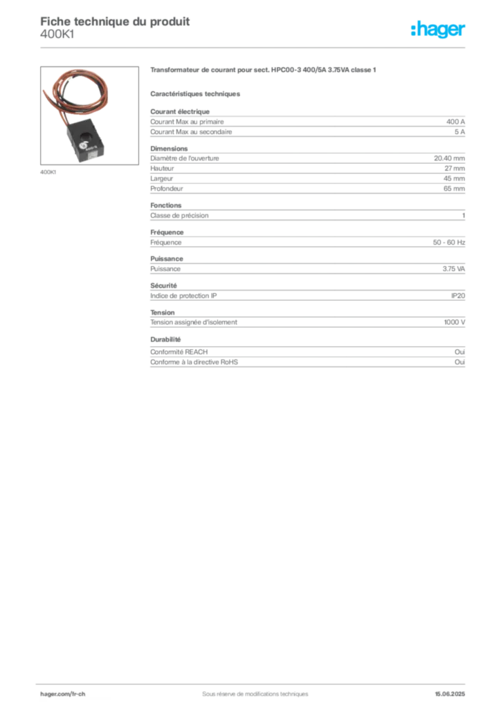Image Hager Fiche technique du produit 400K1 | Hager Suisse