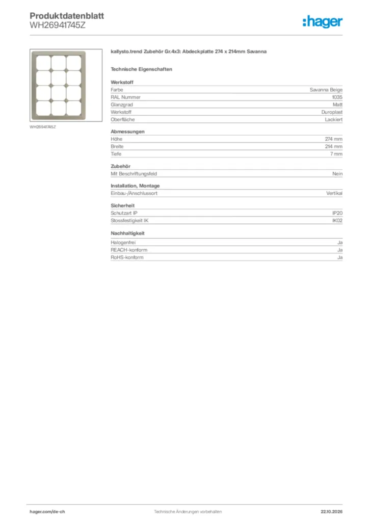 Bild Hager Produktdatenblatt WH26941745Z | Hager Schweiz