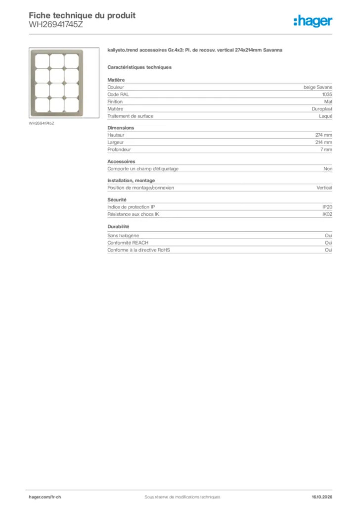 Image Hager Fiche technique du produit WH26941745Z | Hager Suisse