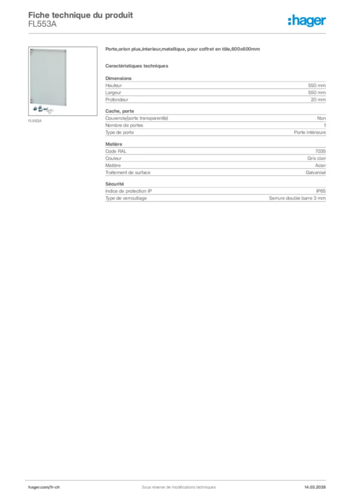 Image Hager Fiche technique du produit FL553A | Hager Suisse