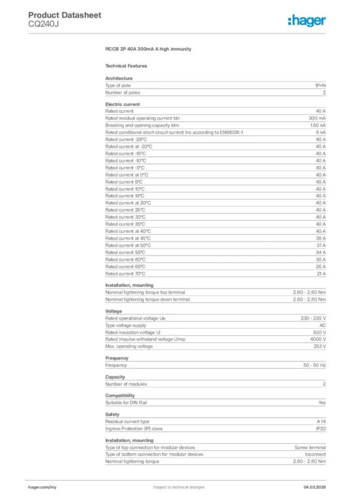 Image Hager Product data sheet CQ240J  | Hager