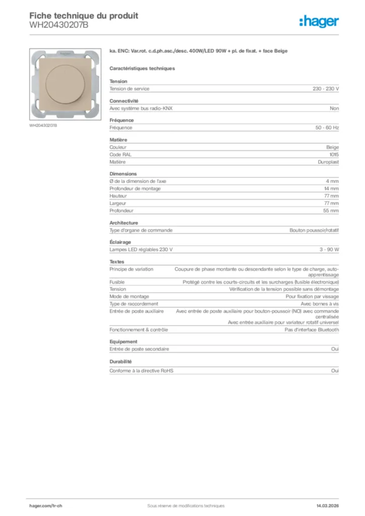 Image Hager Fiche technique du produit WH20430207B | Hager Suisse