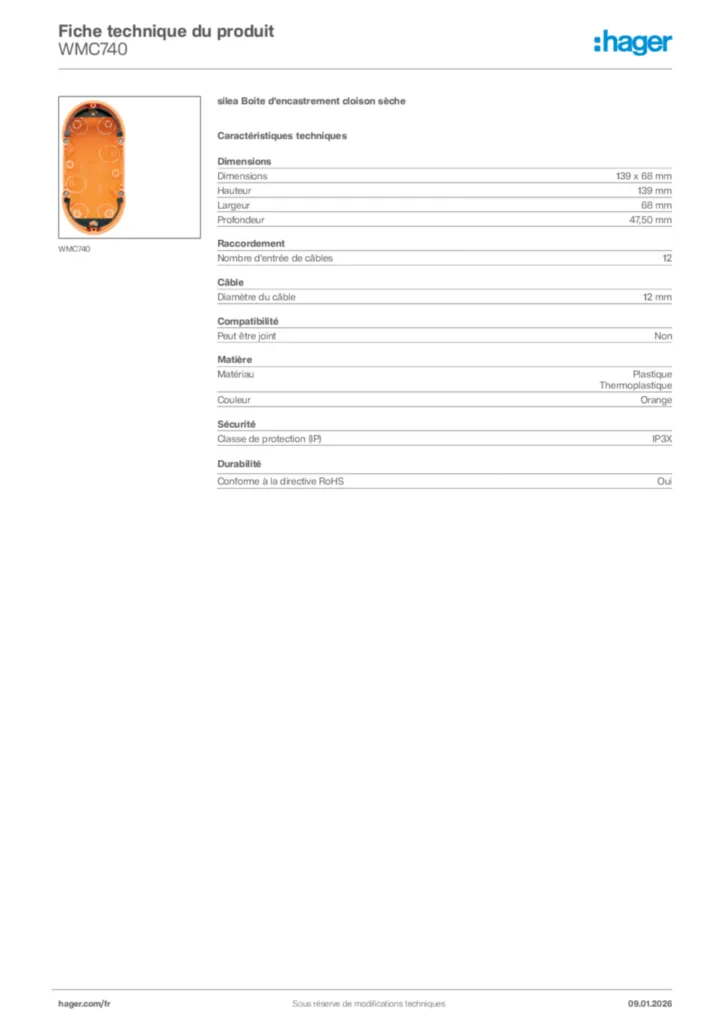 Image Hager Fiche technique du produit WMC740 | Hager France