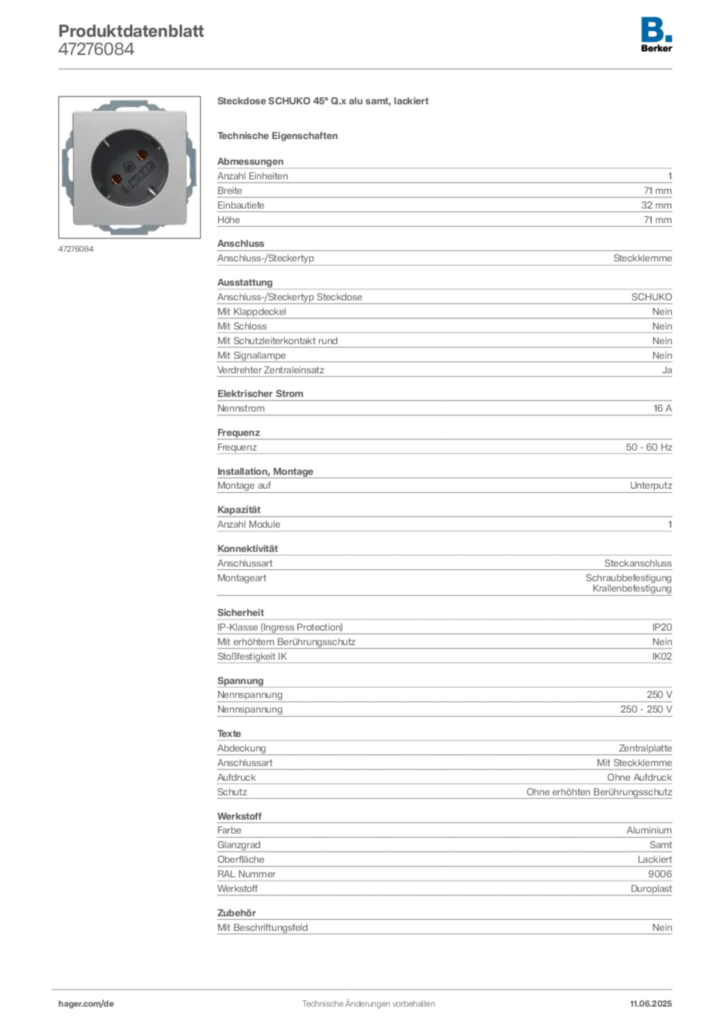 Bild Berker Produktdatenblatt 47276084 | Hager Deutschland