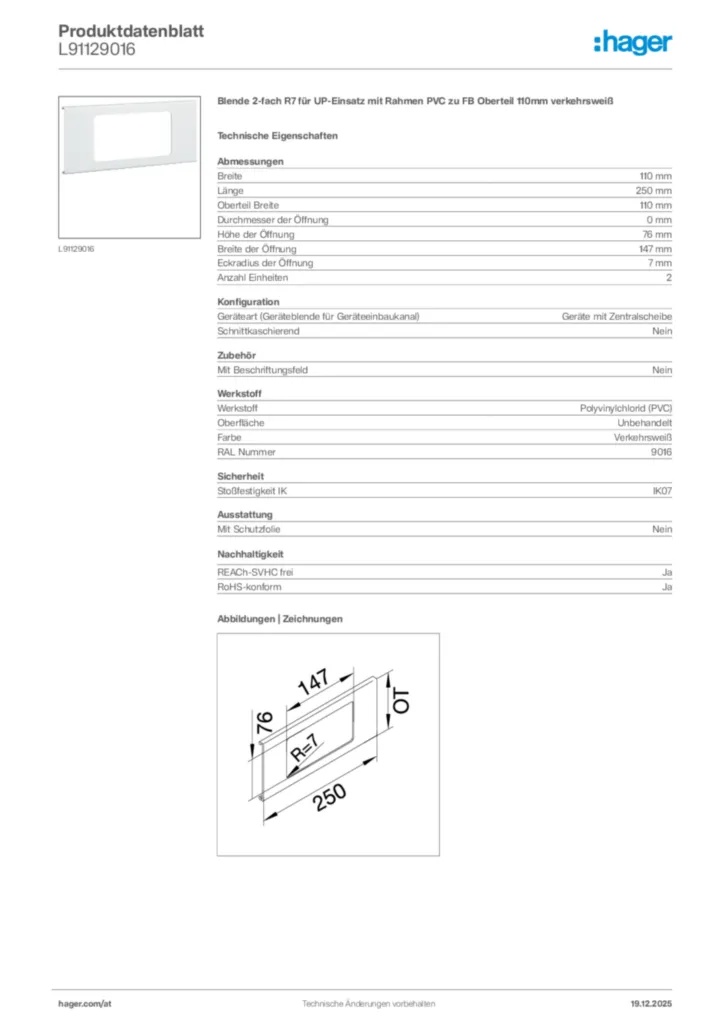 Bild Hager Produktdatenblatt L91129016 | Hager Deutschland