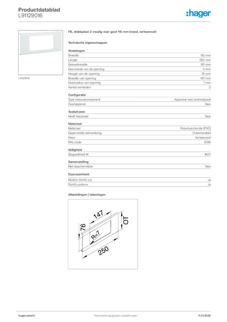 Afbeelding Hager Productdatablad L91129016 | Hager Nederland