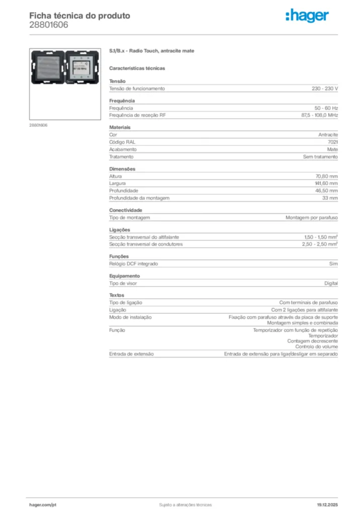 Imagem Hager Ficha técnica do produto 28801606 | Hager Portugal
