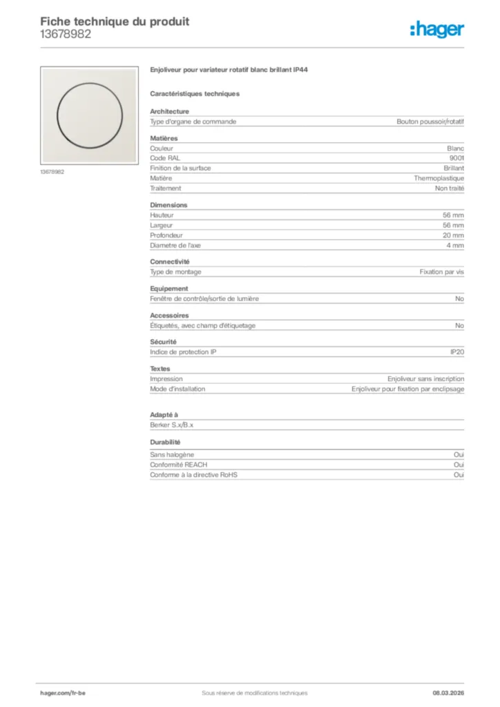 Image Hager Fiche technique du produit 13678982 | Hager Belgique