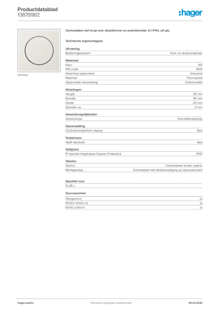 Afbeelding Hager Productdatablad 13678982 | Hager Nederland
