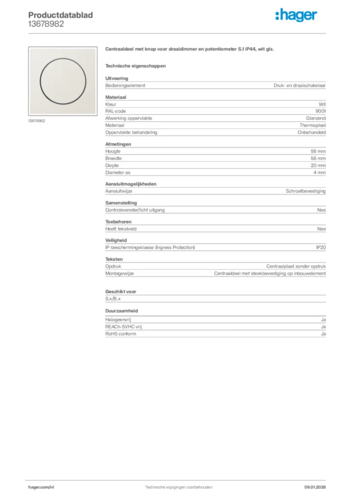 Afbeelding Hager Productdatablad 13678982 | Hager Nederland