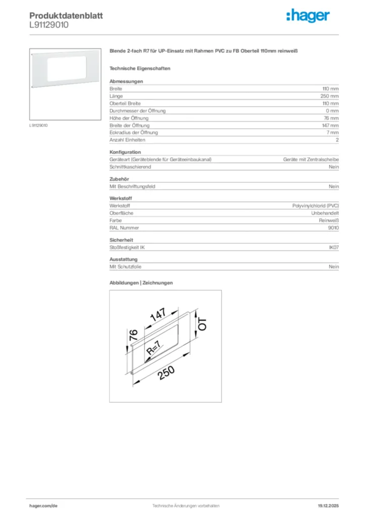 Bild Hager Produktdatenblatt L91129010 | Hager Deutschland