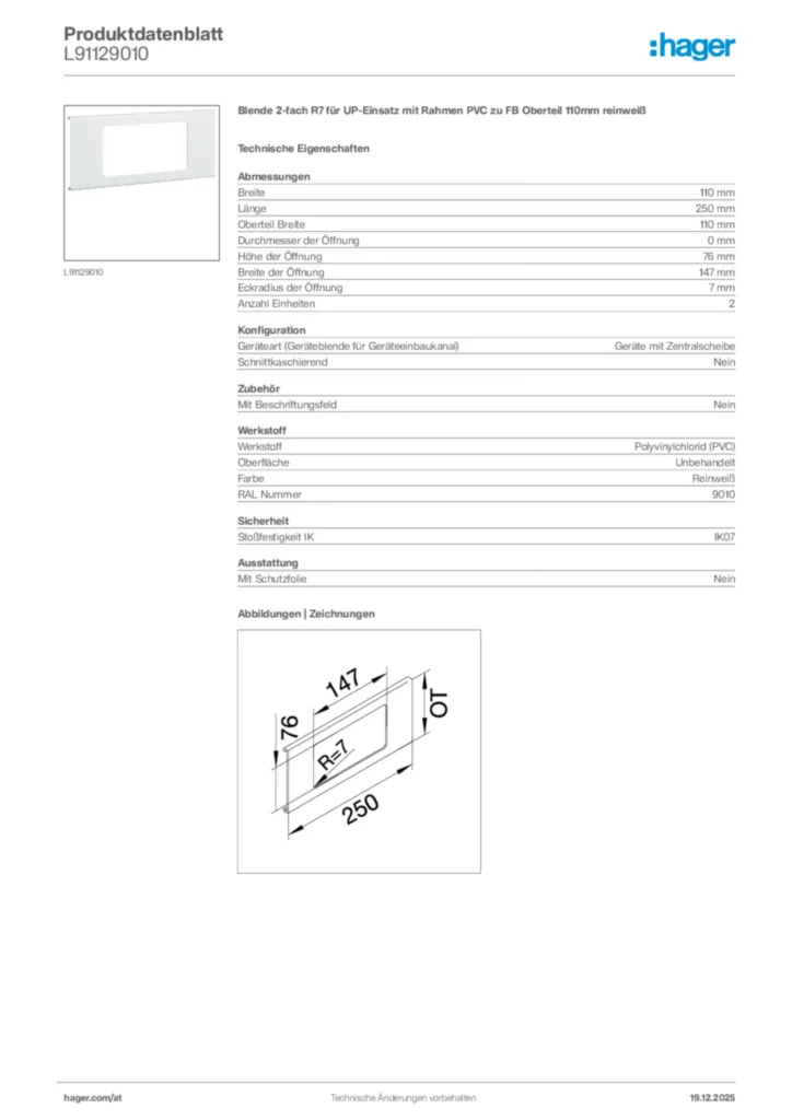 Bild Hager Produktdatenblatt L91129010 | Hager Deutschland