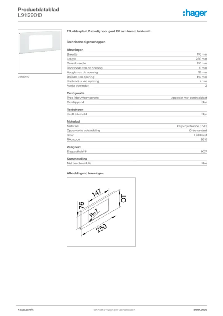 Afbeelding Hager Productdatablad L91129010 | Hager Nederland