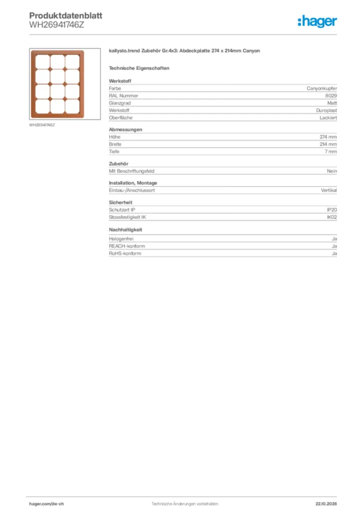 Bild Hager Produktdatenblatt WH26941746Z | Hager Schweiz