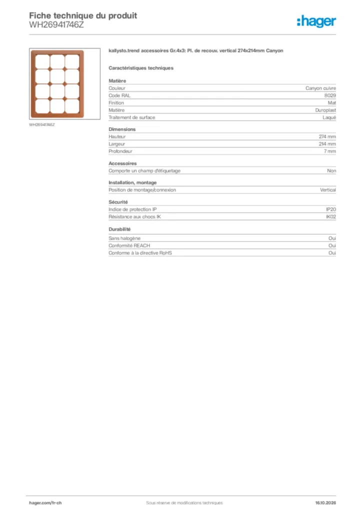 Image Hager Fiche technique du produit WH26941746Z | Hager Suisse