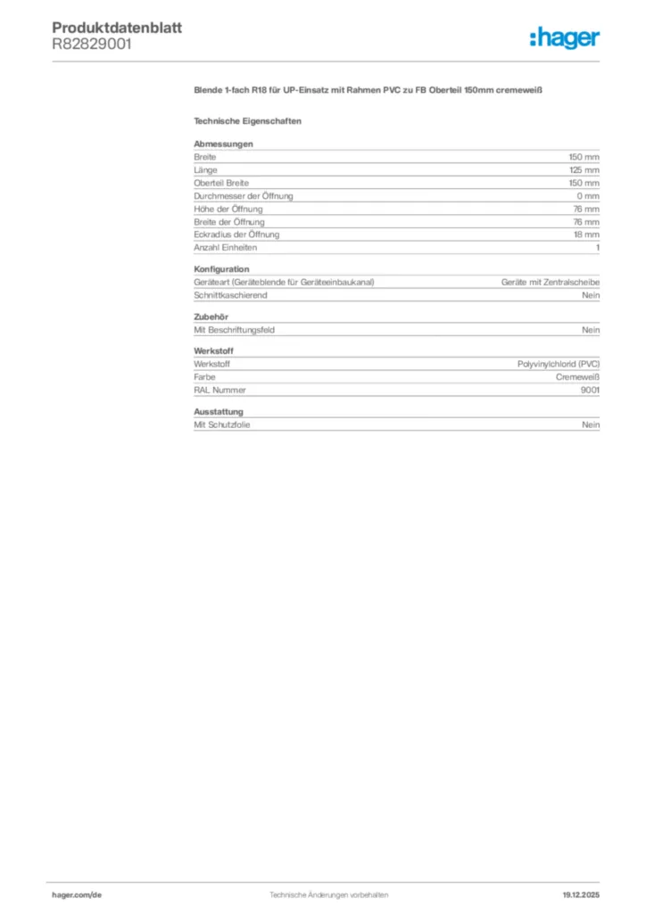 Bild Hager Produktdatenblatt R82829001 | Hager Deutschland