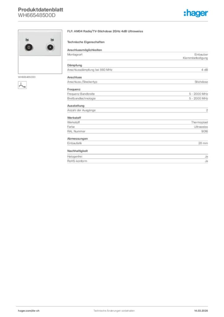 Bild Hager Produktdatenblatt WH66548500D | Hager Schweiz
