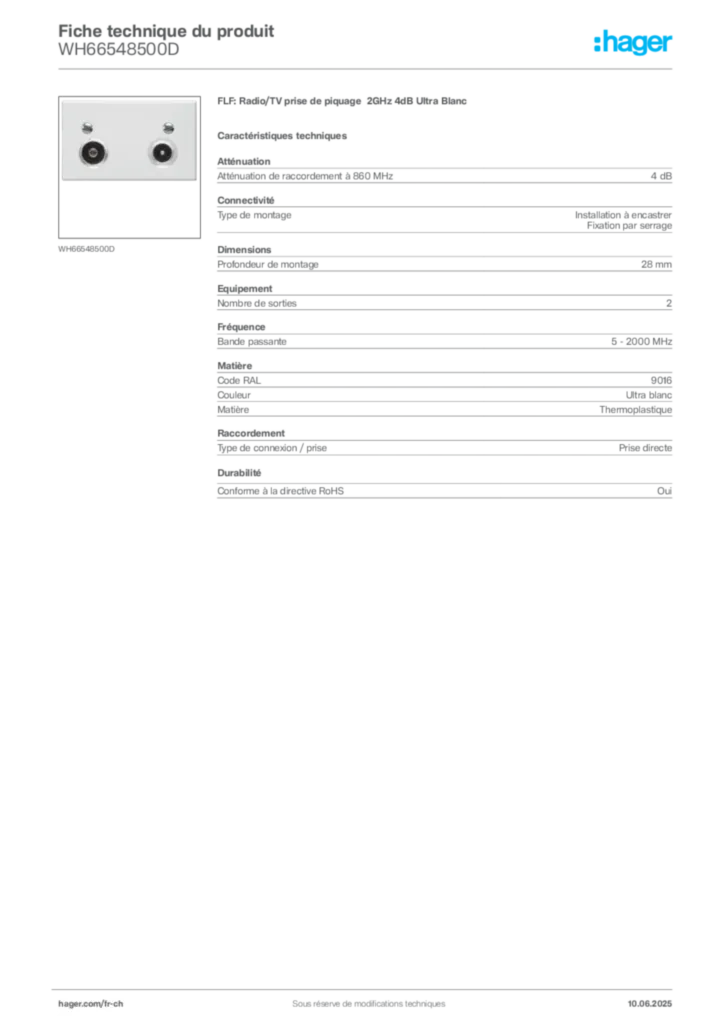 Image Hager Fiche technique du produit WH66548500D | Hager Suisse