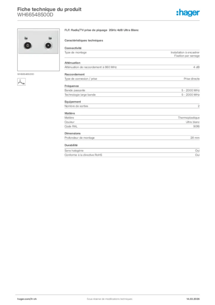 Image Hager Fiche technique du produit WH66548500D | Hager Suisse