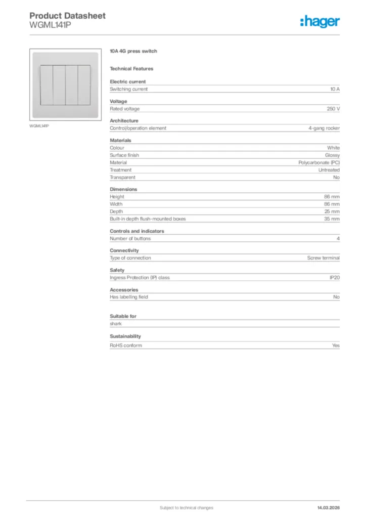 Image Hager Product data sheet WGML141P  | Hager Africa