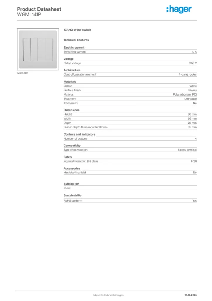 Image Hager Product data sheet WGML141P  | Hager