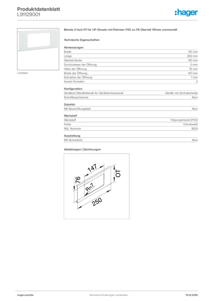 Bild Hager Produktdatenblatt L91129001 | Hager Deutschland