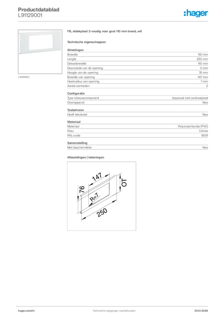 Afbeelding Hager Productdatablad L91129001 | Hager Nederland