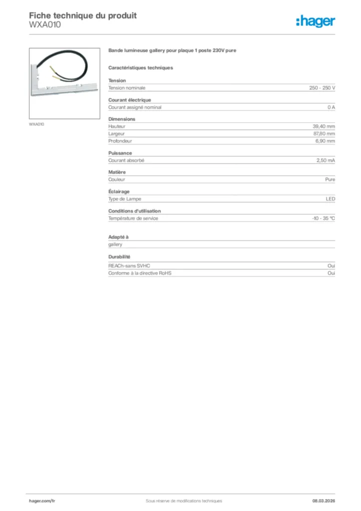 Image Hager Fiche technique du produit WXA010 | Hager France
