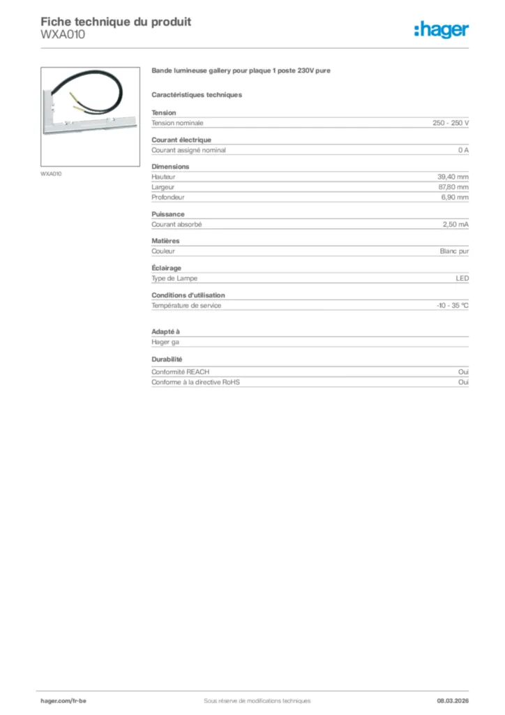 Image Hager Fiche technique du produit WXA010 | Hager Belgique