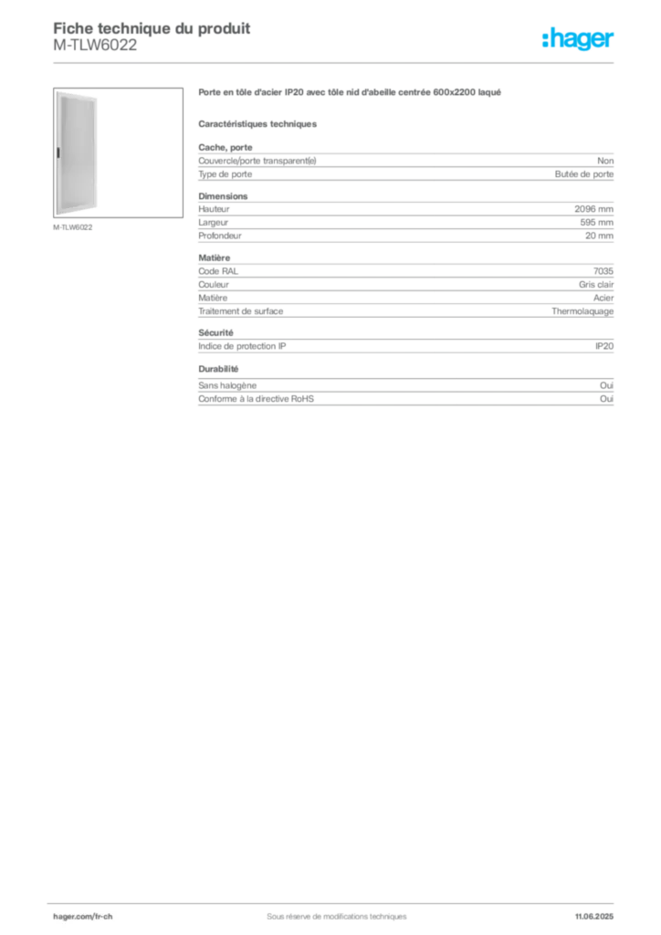 Image Hager Fiche technique du produit M-TLW6022 | Hager Suisse