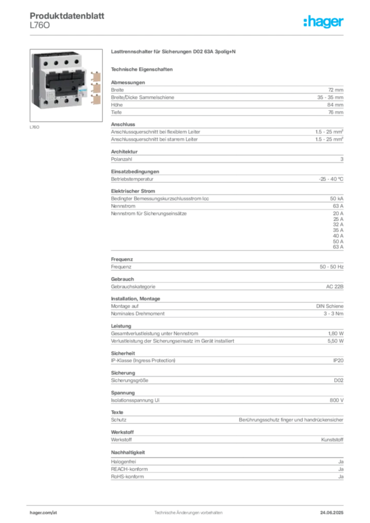 Bild Hager Produktdatenblatt L76O | Hager Deutschland