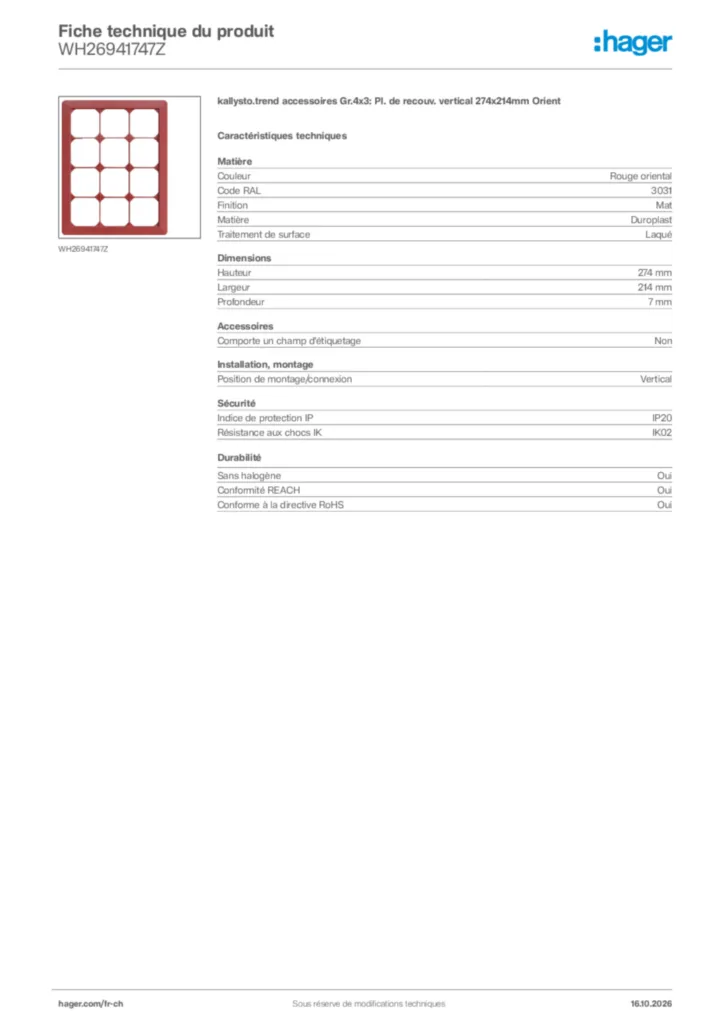 Image Hager Fiche technique du produit WH26941747Z | Hager Suisse