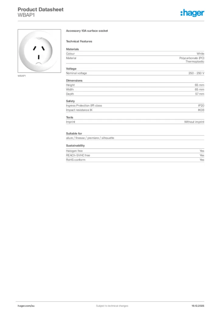 Image Hager Product data sheet WBAP1  | Hager Australia