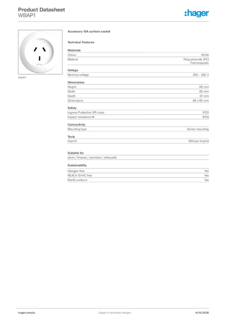 Image Hager Product data sheet WBAP1  | Hager Australia