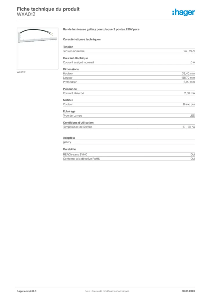 Image Hager Fiche technique du produit WXA012 | Hager Afrique