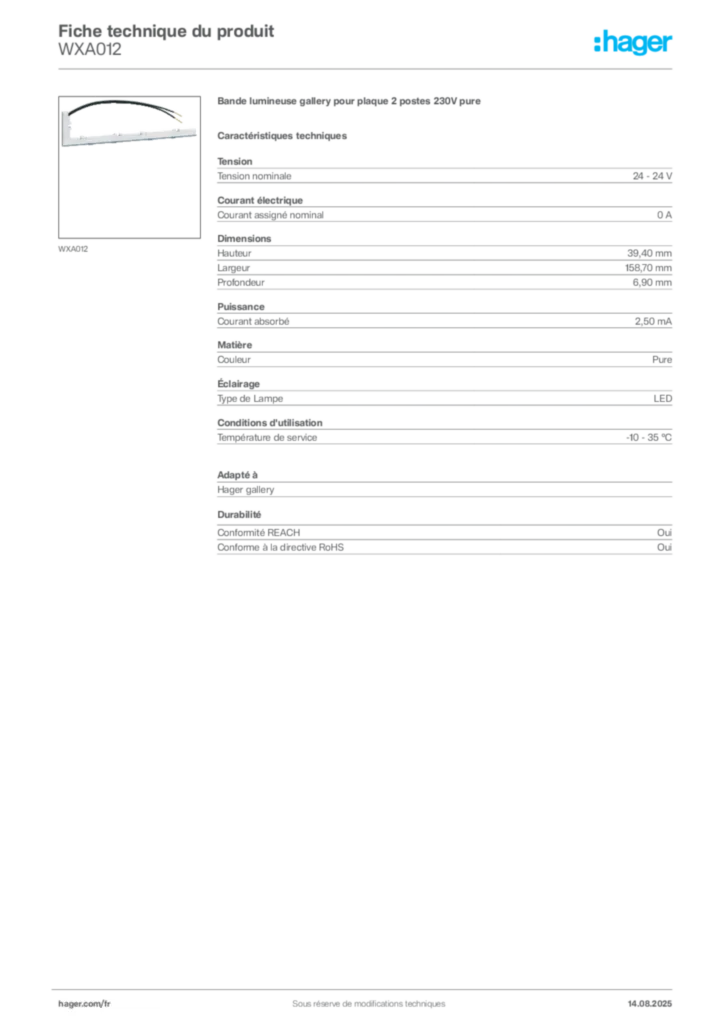 Image Hager Fiche technique du produit WXA012 | Hager France