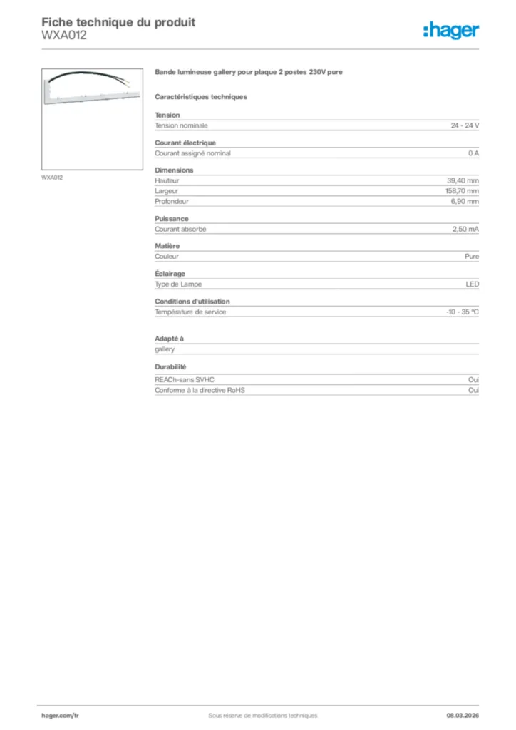 Image Hager Fiche technique du produit WXA012 | Hager France
