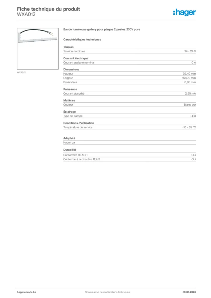Image Hager Fiche technique du produit WXA012 | Hager Belgique