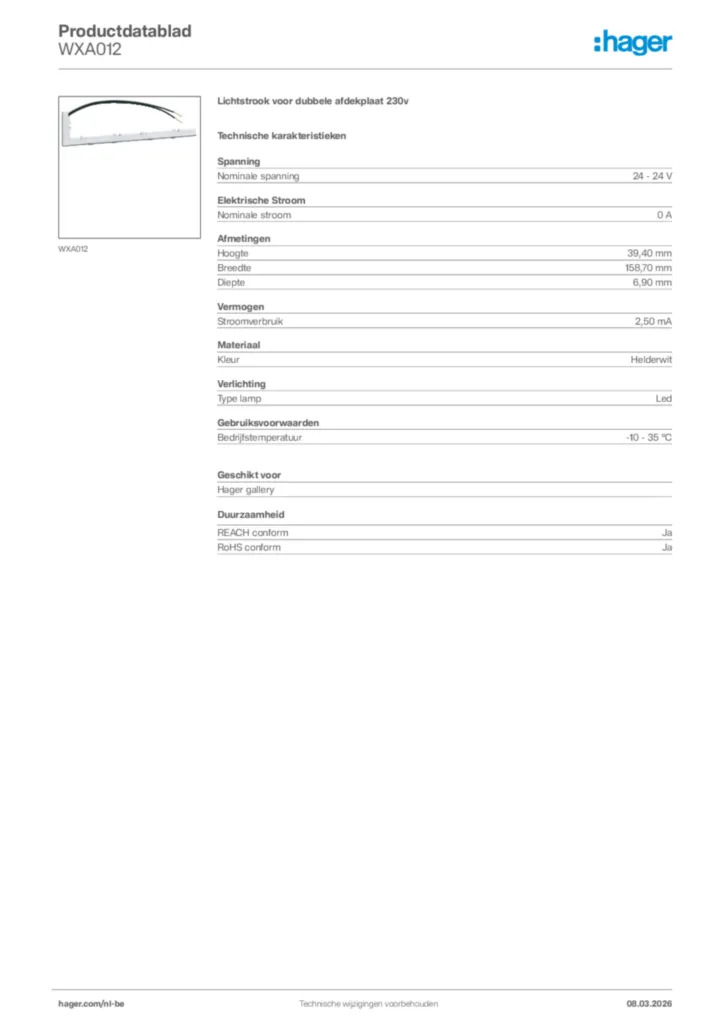 Afbeelding Hager Productdatablad WXA012 | Hager Belgium