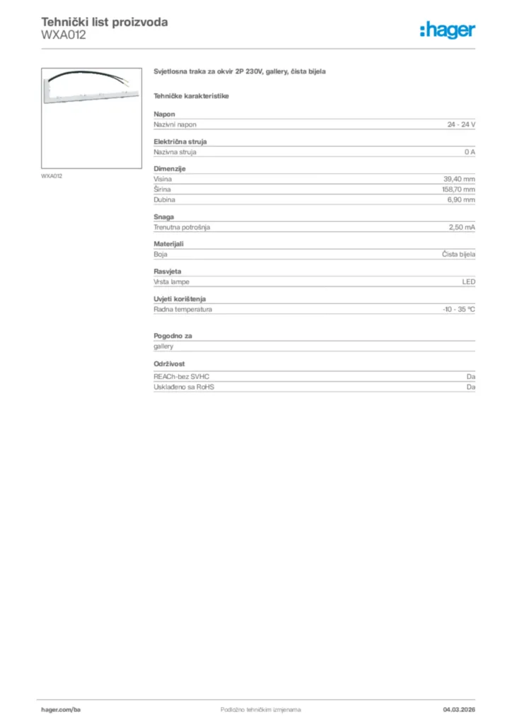 Slika Hager Tehnički list proizvoda WXA012  | Hager