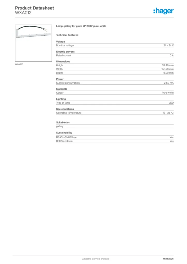 Image Hager Product data sheet WXA012  | Hager