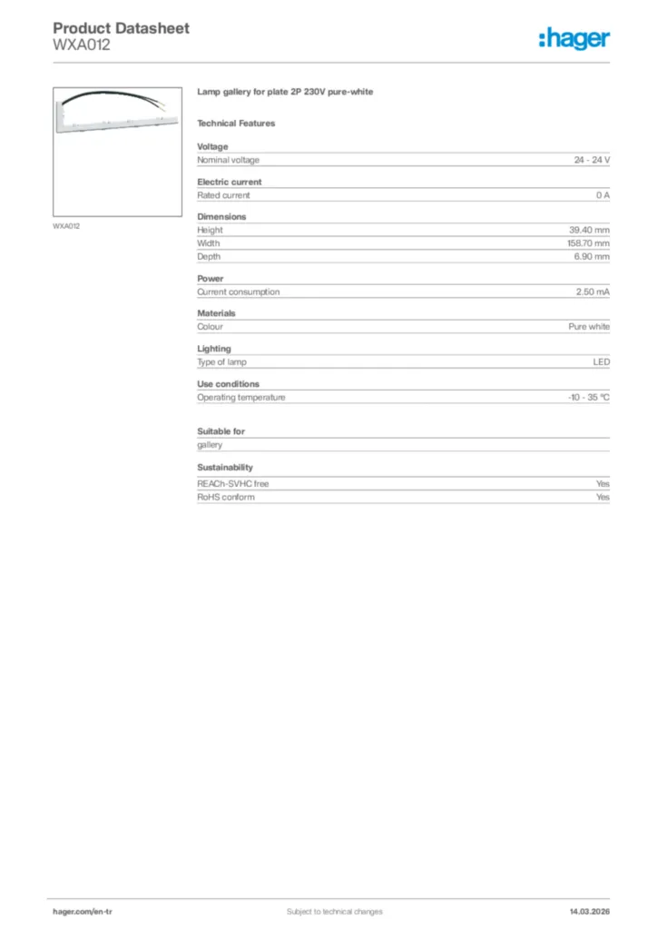 Image Hager Product data sheet WXA012  | Hager