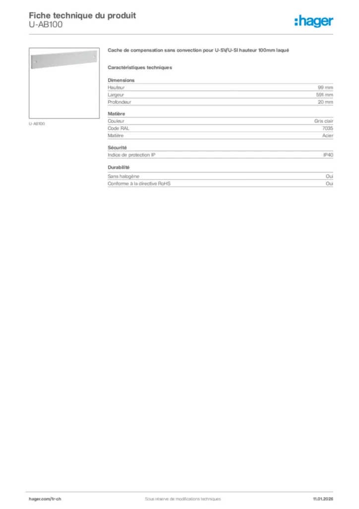 Image Hager Fiche technique du produit U-AB100 | Hager Suisse