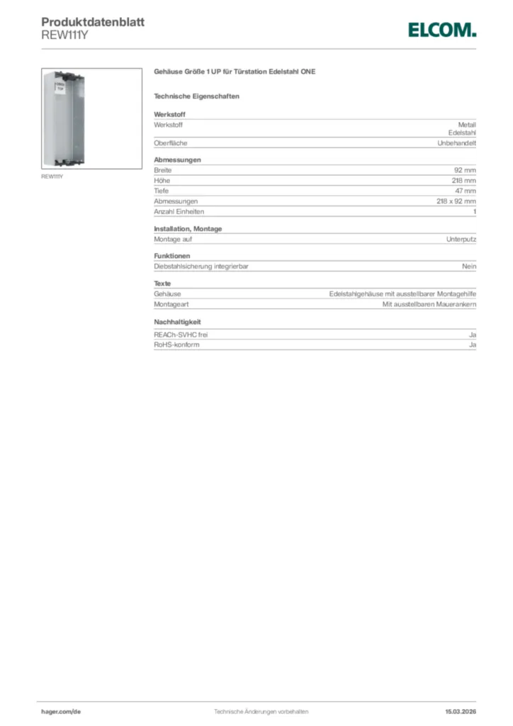 Bild Elcom Produktdatenblatt REW111Y | Hager Deutschland