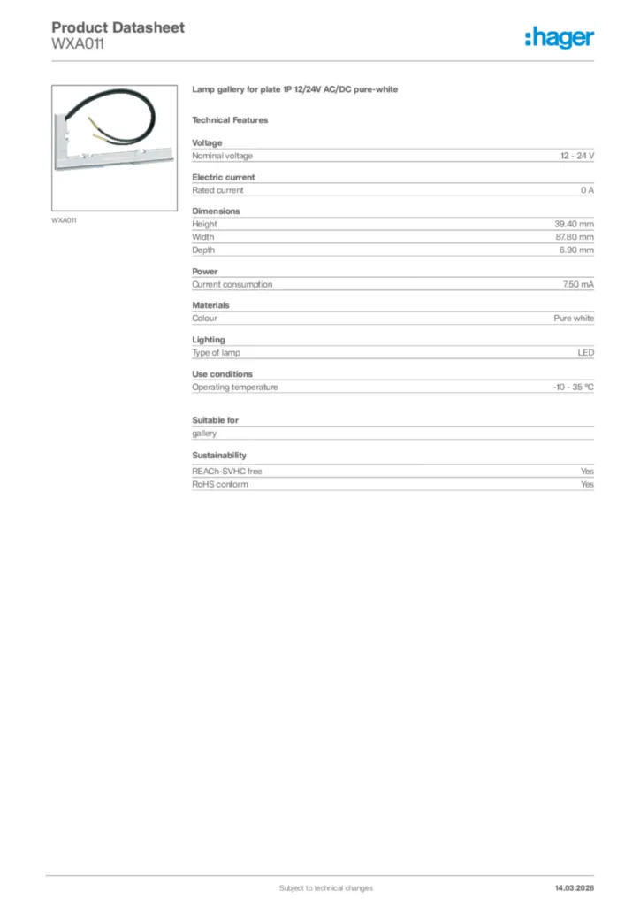 Image Hager Product data sheet WXA011  | Hager Africa