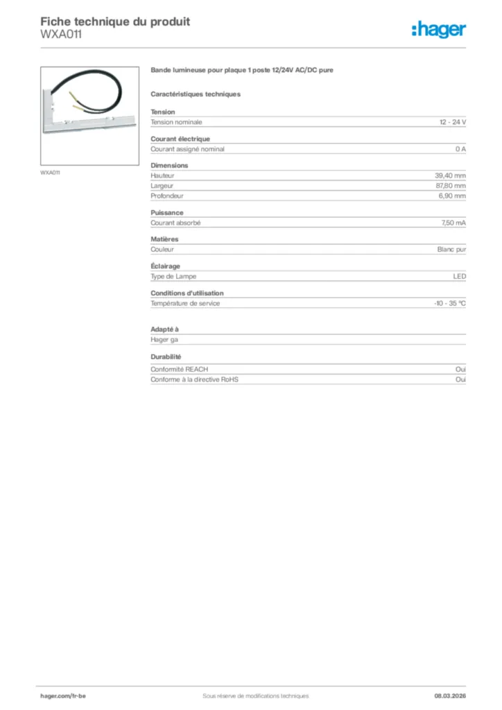Image Hager Fiche technique du produit WXA011 | Hager Belgique