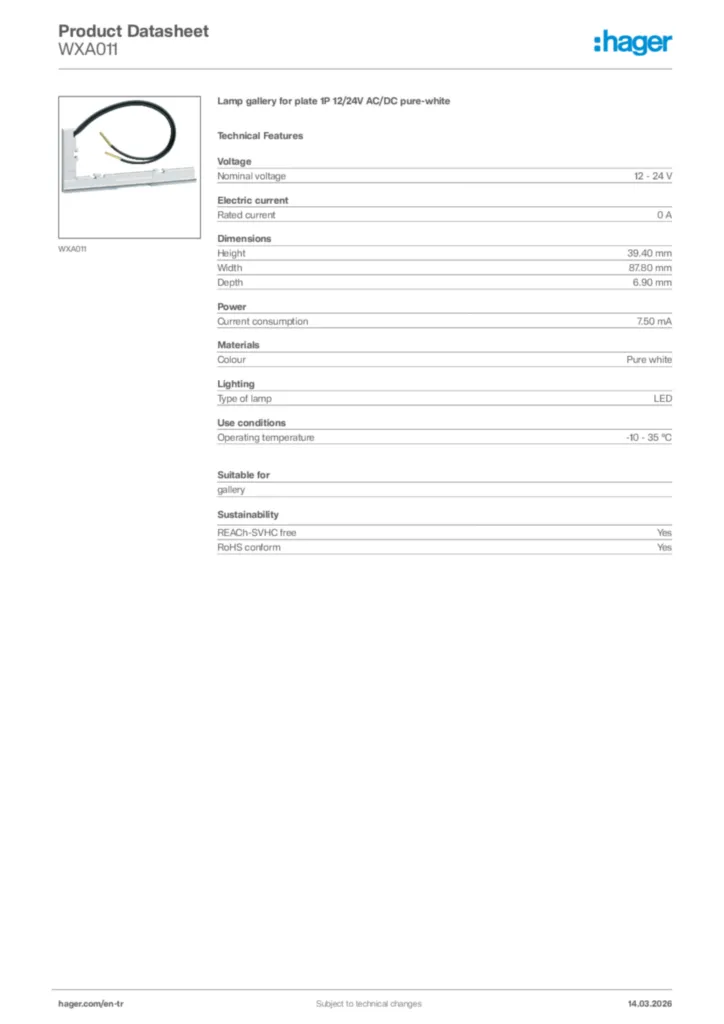 Image Hager Product data sheet WXA011  | Hager
