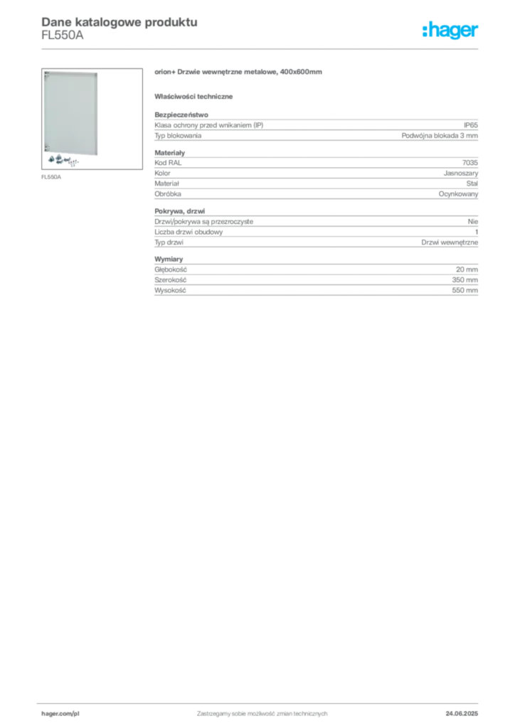 Zdjęcie Hager Karta katalogowa FL550A | Hager Polska